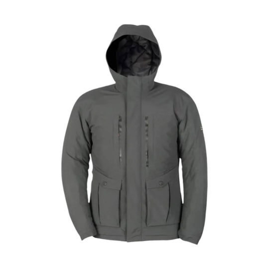 Gray hooded winter jacket with front zipper, chest zippers, and two flap pockets