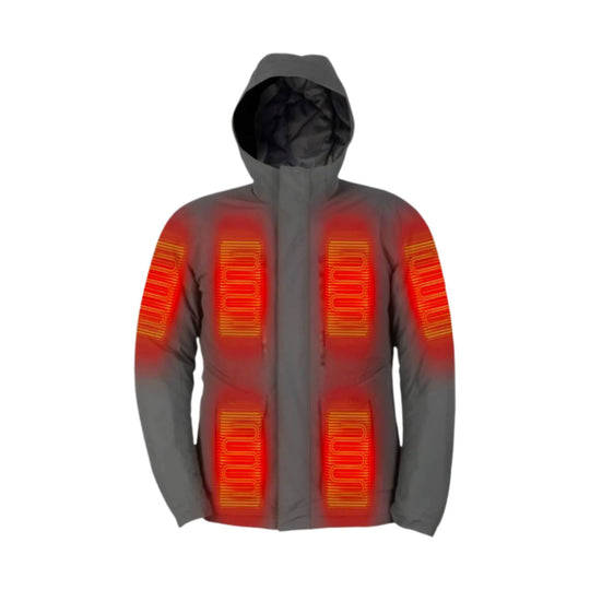 Gray hooded parka with black lining and red-orange heated panel graphics on the chest, sleeves, and lower front.