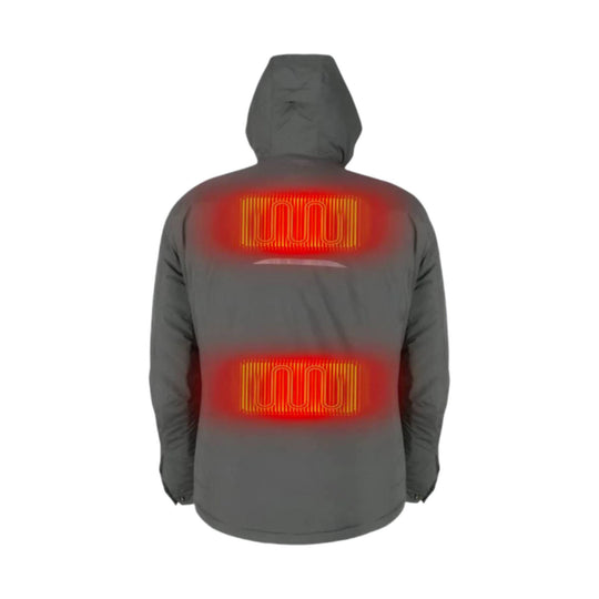 Gray hooded jacket shown from the back with two glowing orange heated panels
