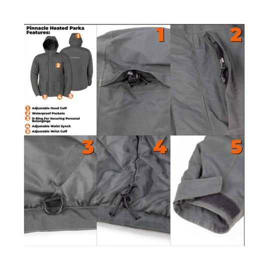 Gray hooded parka shown front and back with close-ups of waterproof pockets, D-ring, waist cinch, and wrist cuff
