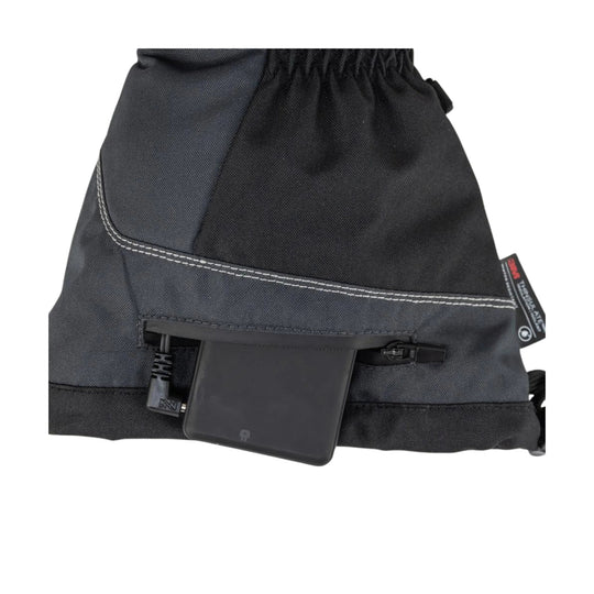 Black heated glove with a battery pocket and zipper on the cuff