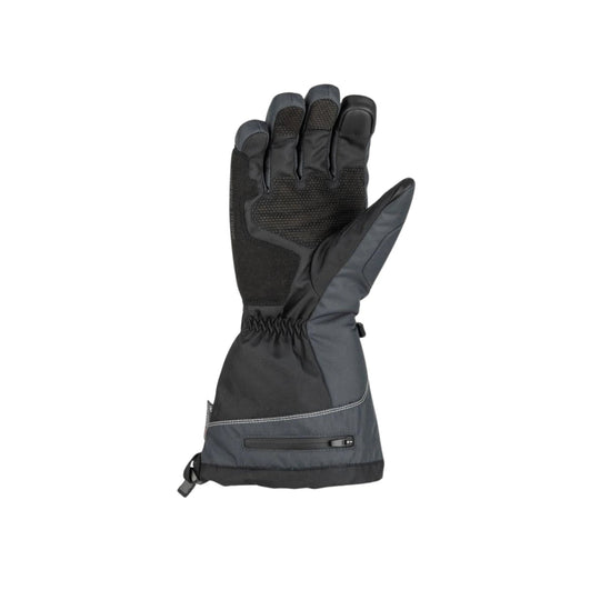 Black insulated winter glove with reinforced palm, zippered cuff pocket, and wrist strap