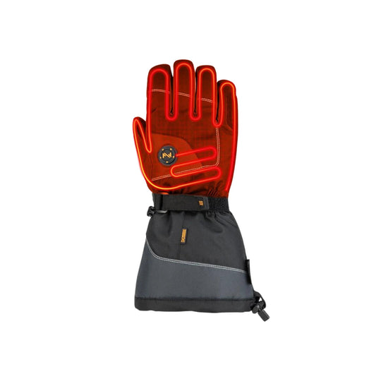 Black and orange heated winter glove with red illuminated heating lines and long gauntlet cuff