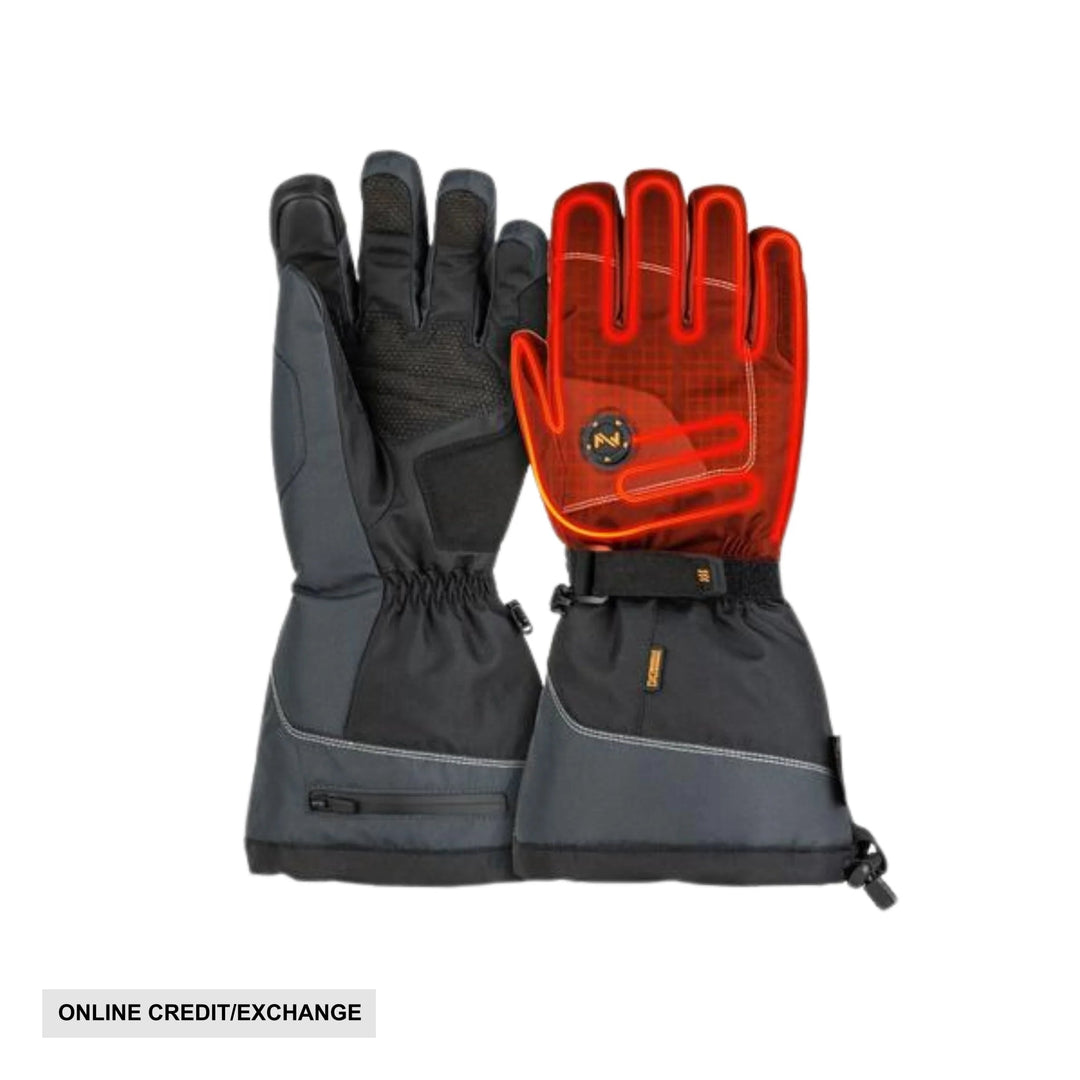 Pair of black and gray insulated gloves, one shown with a red heating panel overlay