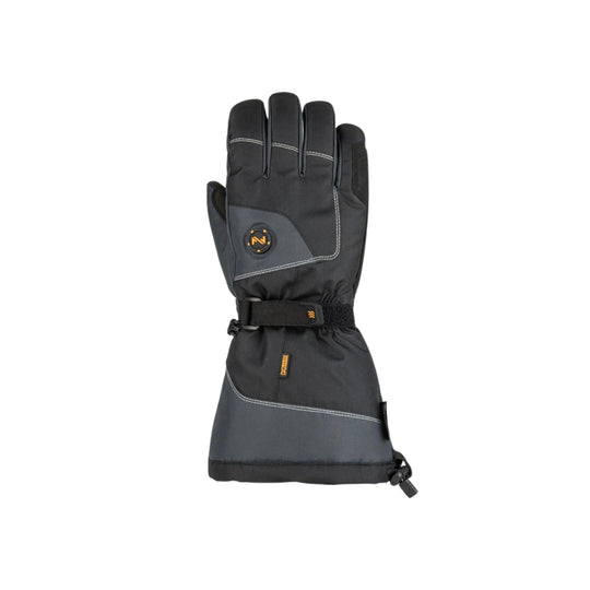 Black insulated winter glove with gray palm panel, stitched detailing, and wrist strap