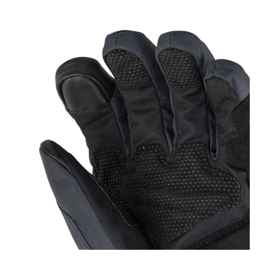 Black insulated glove with touchscreen fingertips and textured palm grip, shown close up