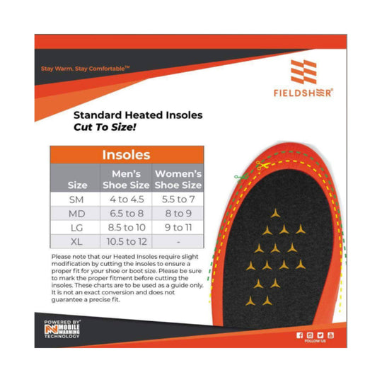Packaged heated insoles with size chart and cut-to-size instructions