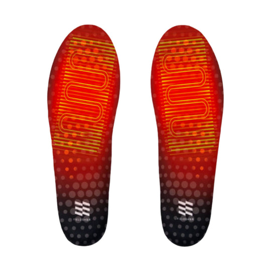 Pair of red heated insoles with yellow heating lines and dark dotted heel sections
