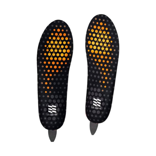 Pair of black insoles with orange dot-and-hex pattern and pull tabs, with visible FIELDSHER logo