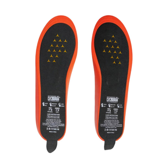 Pair of black shoe insoles with orange edges, printed icons, and pull tabs