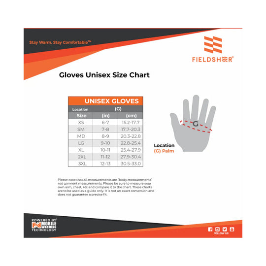 Unisex gloves size chart showing XS to 3XL palm measurements in inches and centimeters