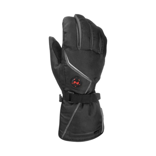 Black insulated glove with a wrist strap and red logo patch