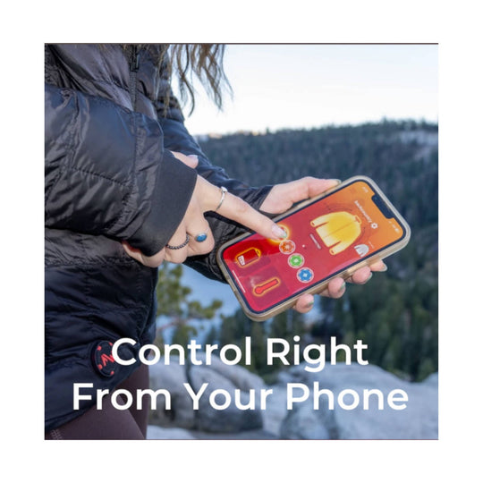 Black puffer jacket with phone app controls