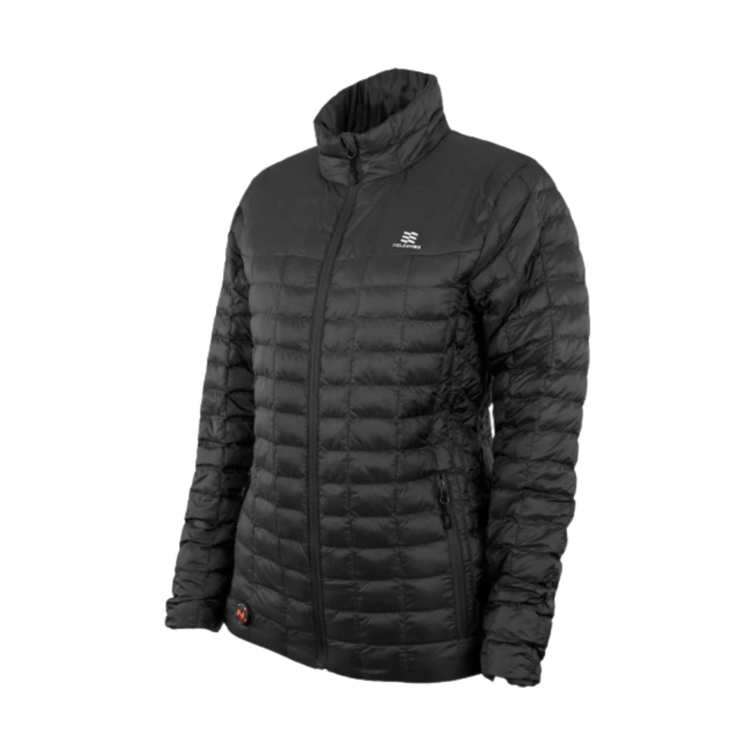 Black quilted puffer jacket with stand collar, full front zipper, and side zip pockets
