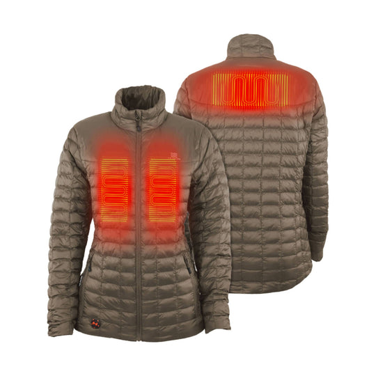 Quilted taupe heated jacket shown front and back with glowing heat panels on chest and upper back