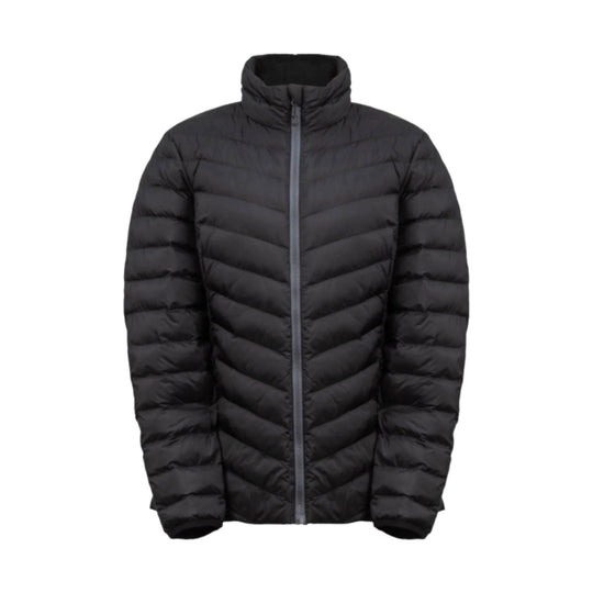 Black quilted puffer jacket with front zipper and high stand collar