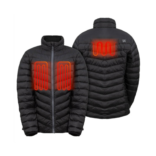 Black puffer jacket shown front and back with glowing red heated panels on the chest and upper back