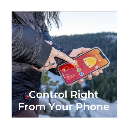 Black puffer jacket being controlled from a phone app, with large text reading “Control Right From Your Phone”