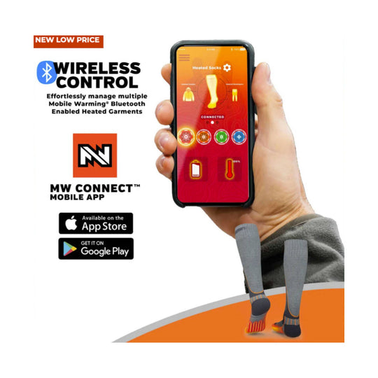 Wireless control graphic for heated socks with MW Connect mobile app and smartphone app screen