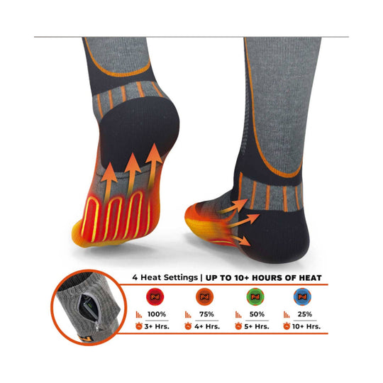 Heated gray knee-high socks with orange heat zones and a battery pocket, shown with 4 heat settings