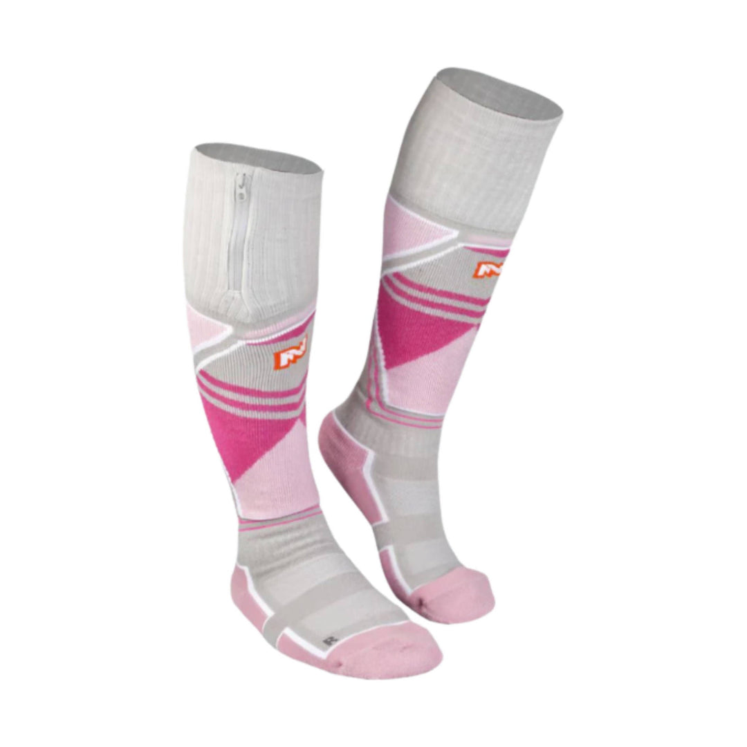 Pair of pink and gray knee-high heated socks with geometric patterns