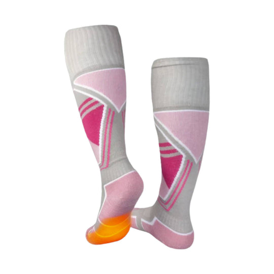 Gray and pink knee-high heated socks with geometric pattern