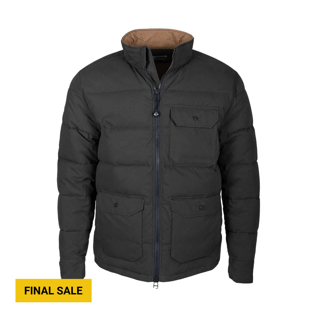 Black quilted puffer jacket with stand collar, front zipper, flap chest pocket, and two lower flap pockets