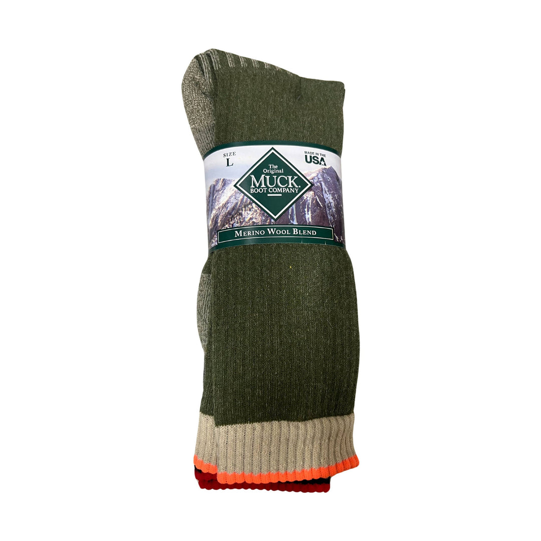 Pair of olive green wool-blend boot socks with a tan cuff and orange-red toe and heel accents