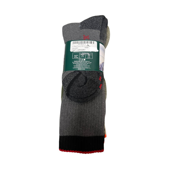 Two-pack of gray and black merino socks on a retail band, shown folded and bundled together