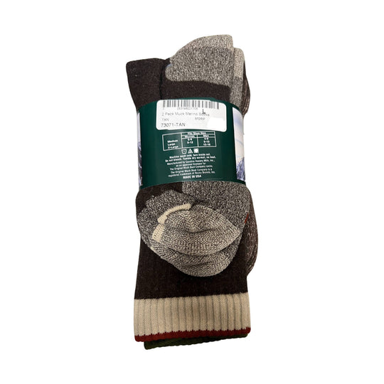 Rolled pair of tan, brown, and gray merino socks with a dark green label