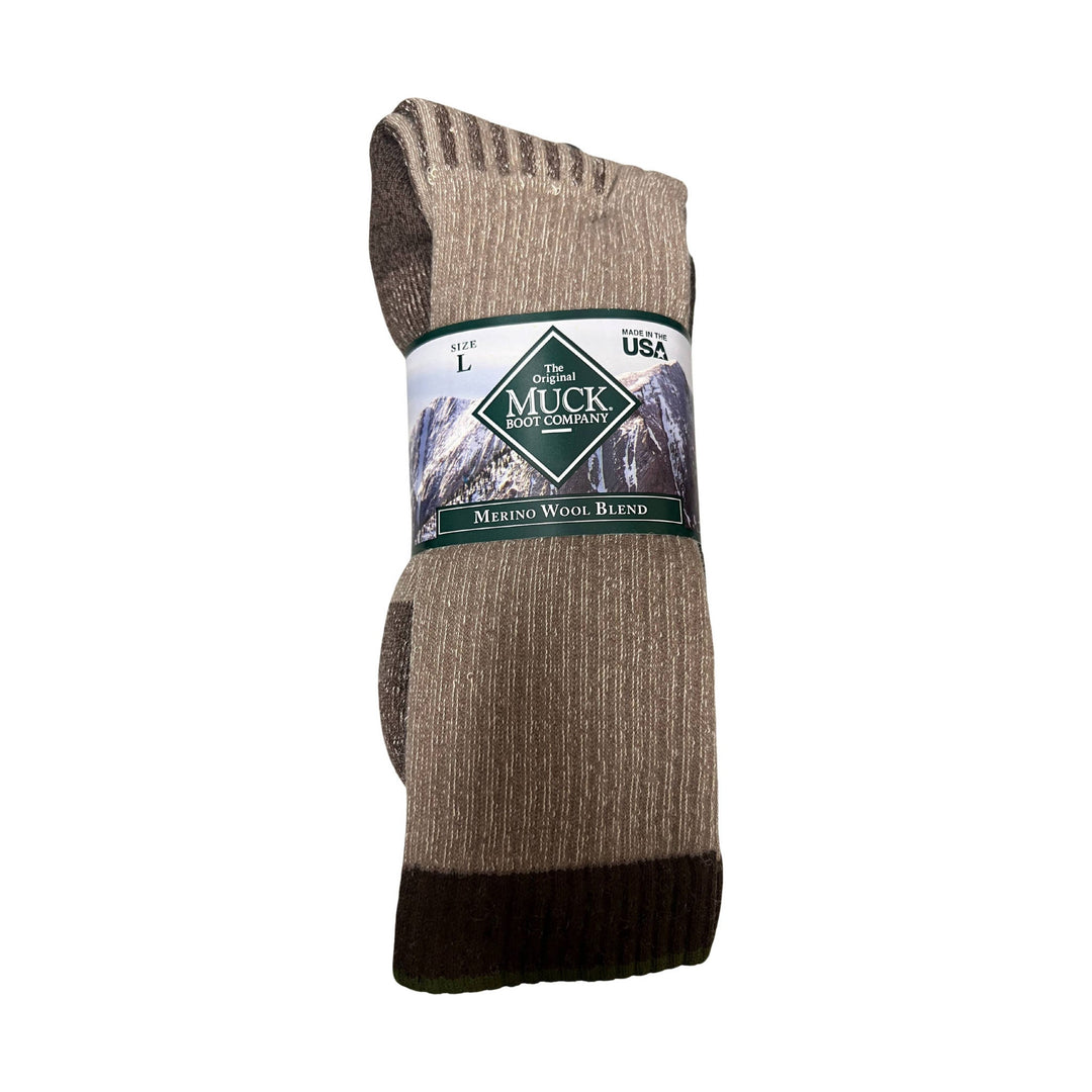 Tan and brown merino wool blend socks, packaged in a pair with a green label