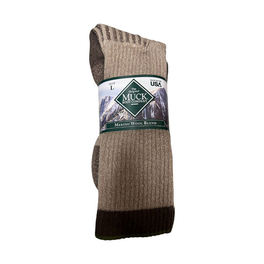 Tan and brown merino wool blend socks, packaged in a pair with a green label