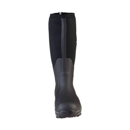 Black tall rubber boot shown from the front