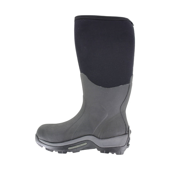 Black pull-on waterproof boot with tall neoprene shaft and thick treaded sole