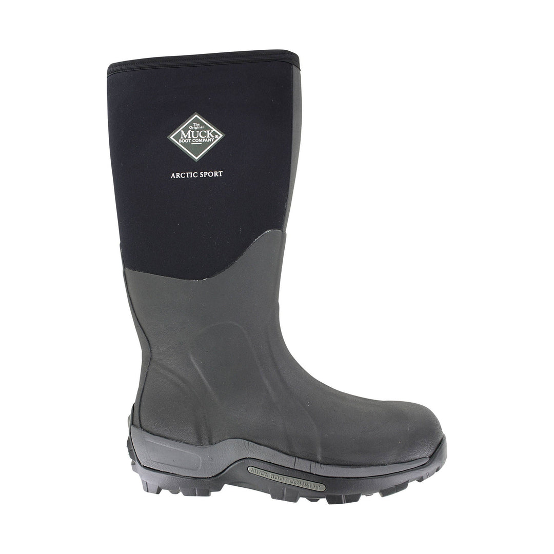Tall black rubber boot with gray lower foot and Muck Boot Company logo