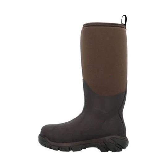 Brown and black tall rubber work boot with a pull loop and rugged tread sole