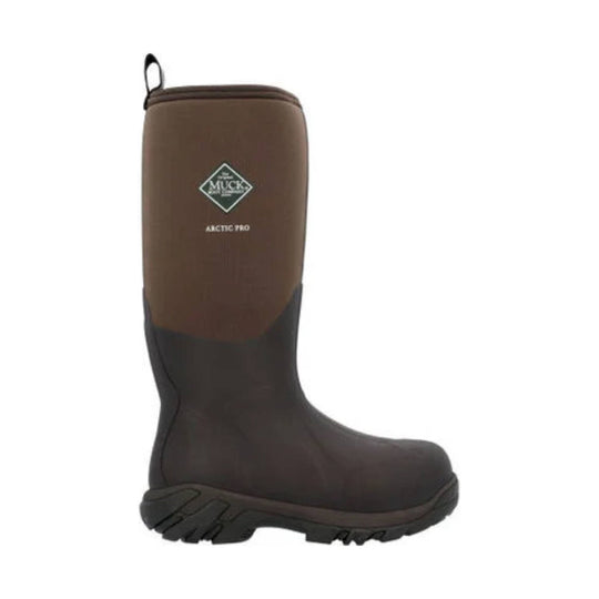 Brown and black tall rubber work boot with a diamond logo and pull loop