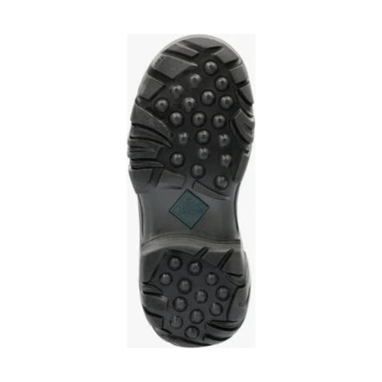 Black boot outsole with deep tread lugs and round traction pods