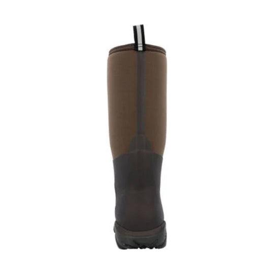 Brown and black knee-high rubber work boot with a pull tab