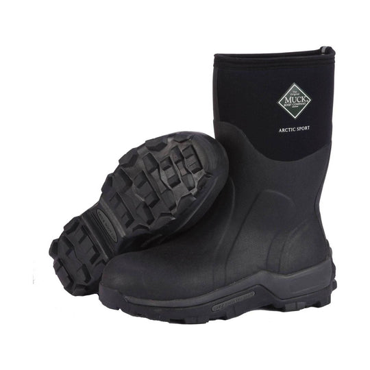 Black mid-height insulated rubber boots with rugged tread, shown front and sole view