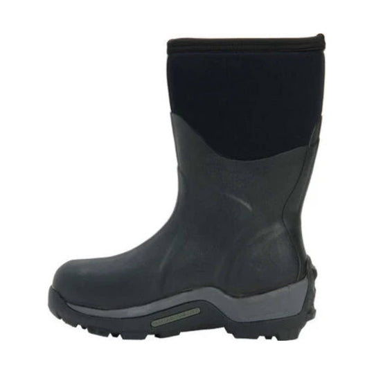 Black mid-height insulated rubber boot with thick tread and gray midsole