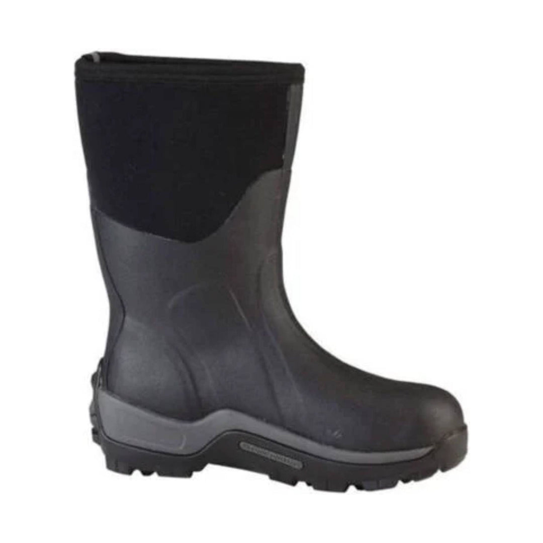 Black mid-calf rubber boot with thick treaded sole and gray side panel