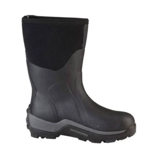 Black mid-calf rubber boot with thick treaded sole and gray side panel