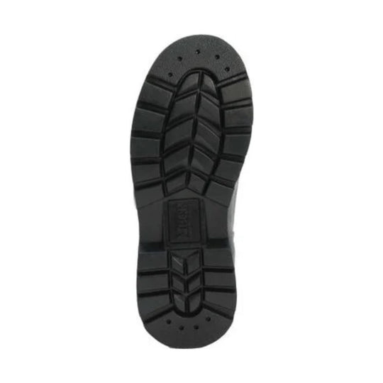Black boot outsole with deep tread pattern and lugged heel