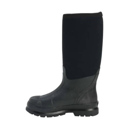 Black knee-high rubber work boot with a thick lug sole