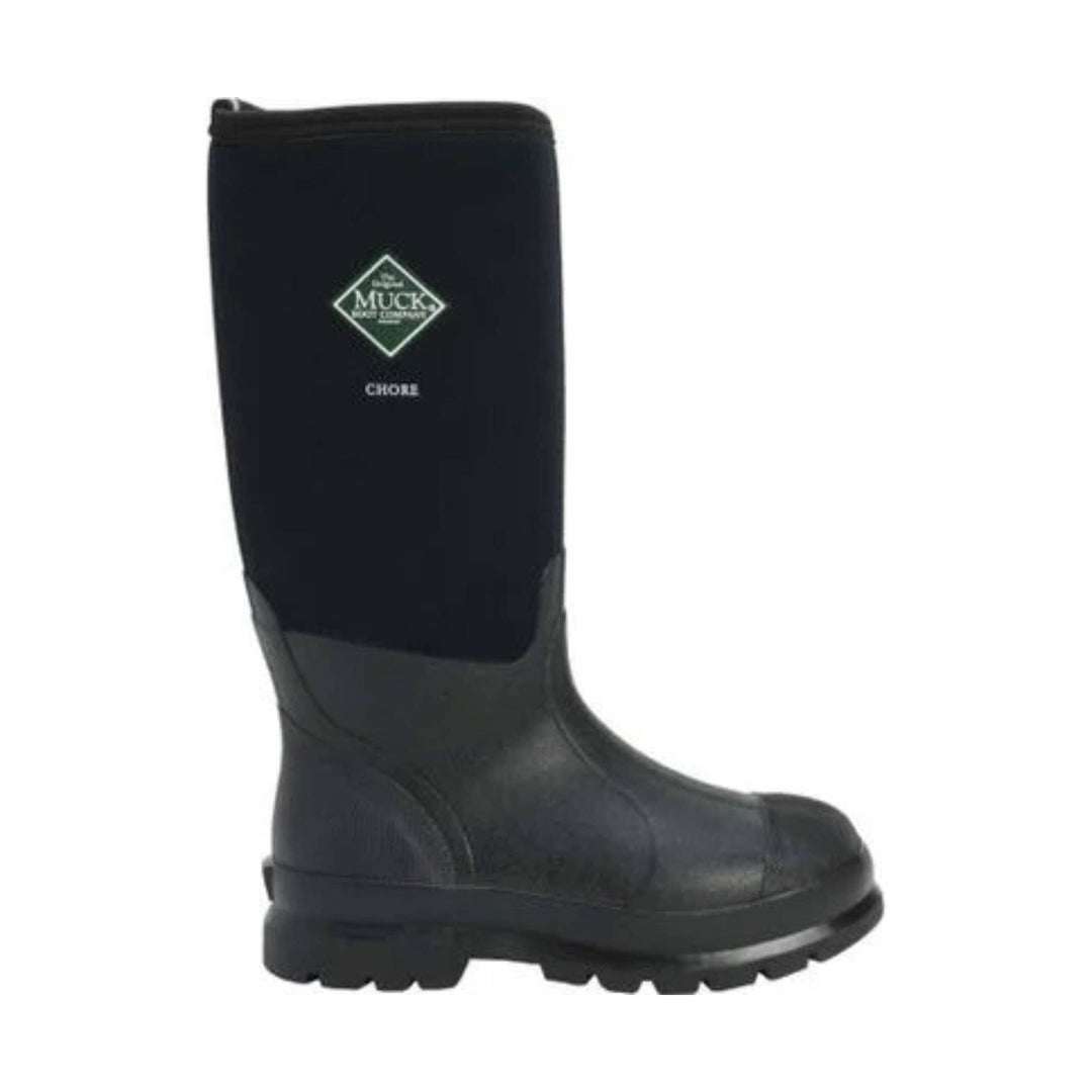 Black knee-high rubber work boot with a lugged sole and logo on the shaft