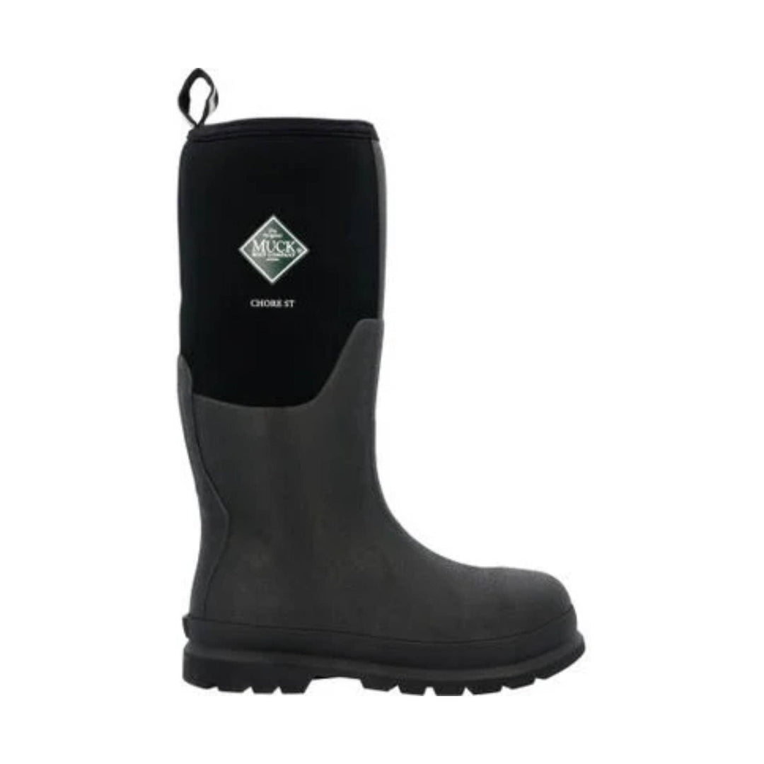 Black tall rubber work boot with a treaded sole and diamond logo on the shaft
