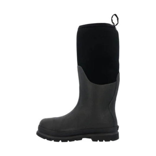 Black tall rubber work boot with gray lower section and treaded sole, side view