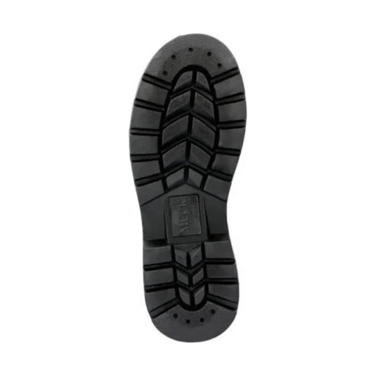 Black boot outsole with a lug tread and embossed Vibram logo