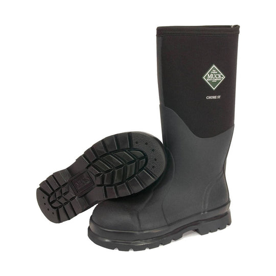 Tall black rubber work boot with a rugged sole, shown upright with one boot lying on its side